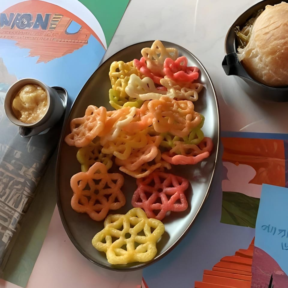 Colorful flower-shaped Indian snacks on a dark plate, with a small bowl of dip and bread.